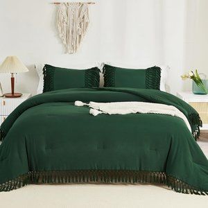 Dark Forest Green Tassels King Size Comforter Shams Bohemian Bedding Set New